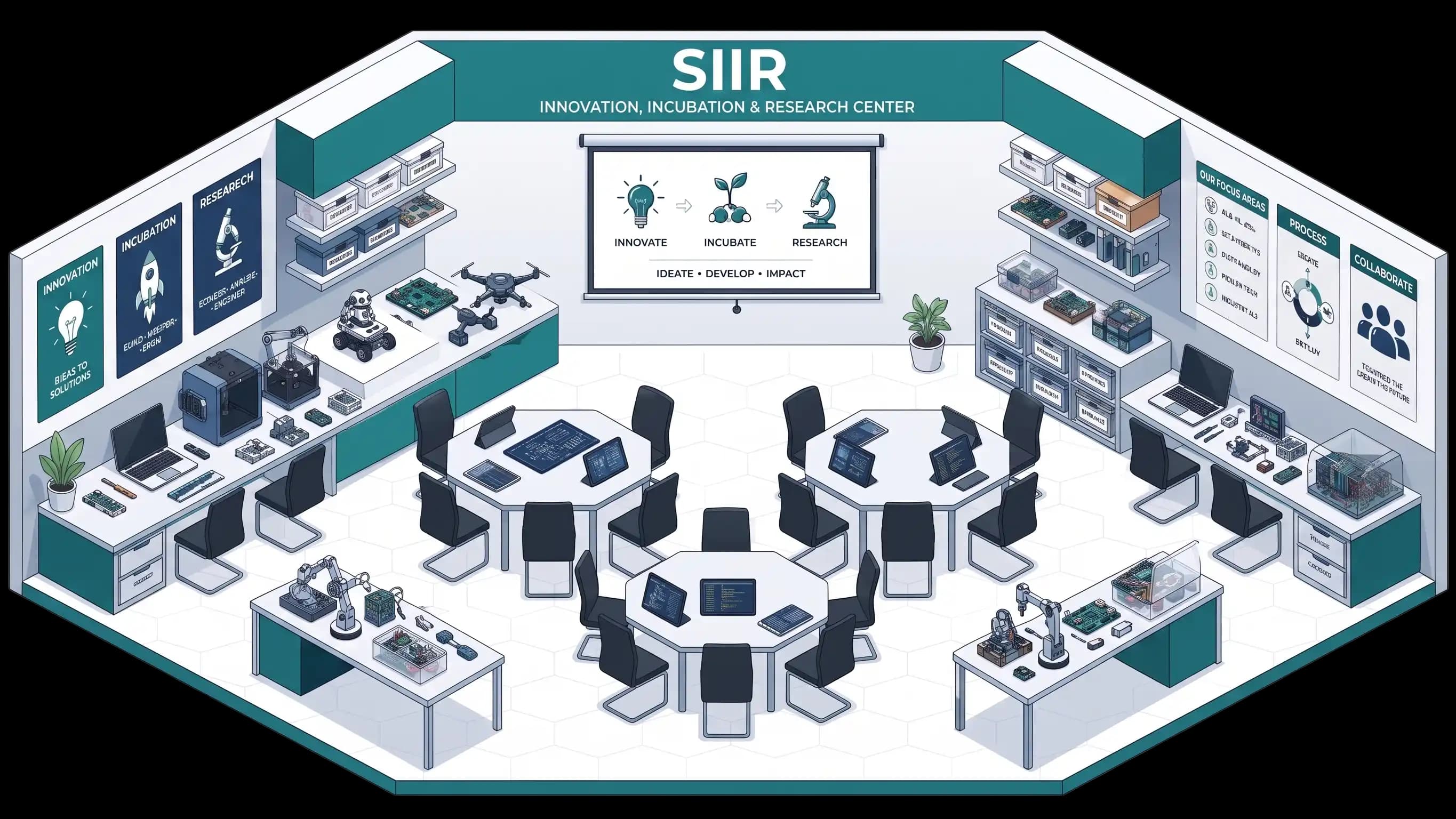 Isometric cutaway of the Sugat IIRC lab floor — prototyping benches, robotics, 3D printers and collaboration pods